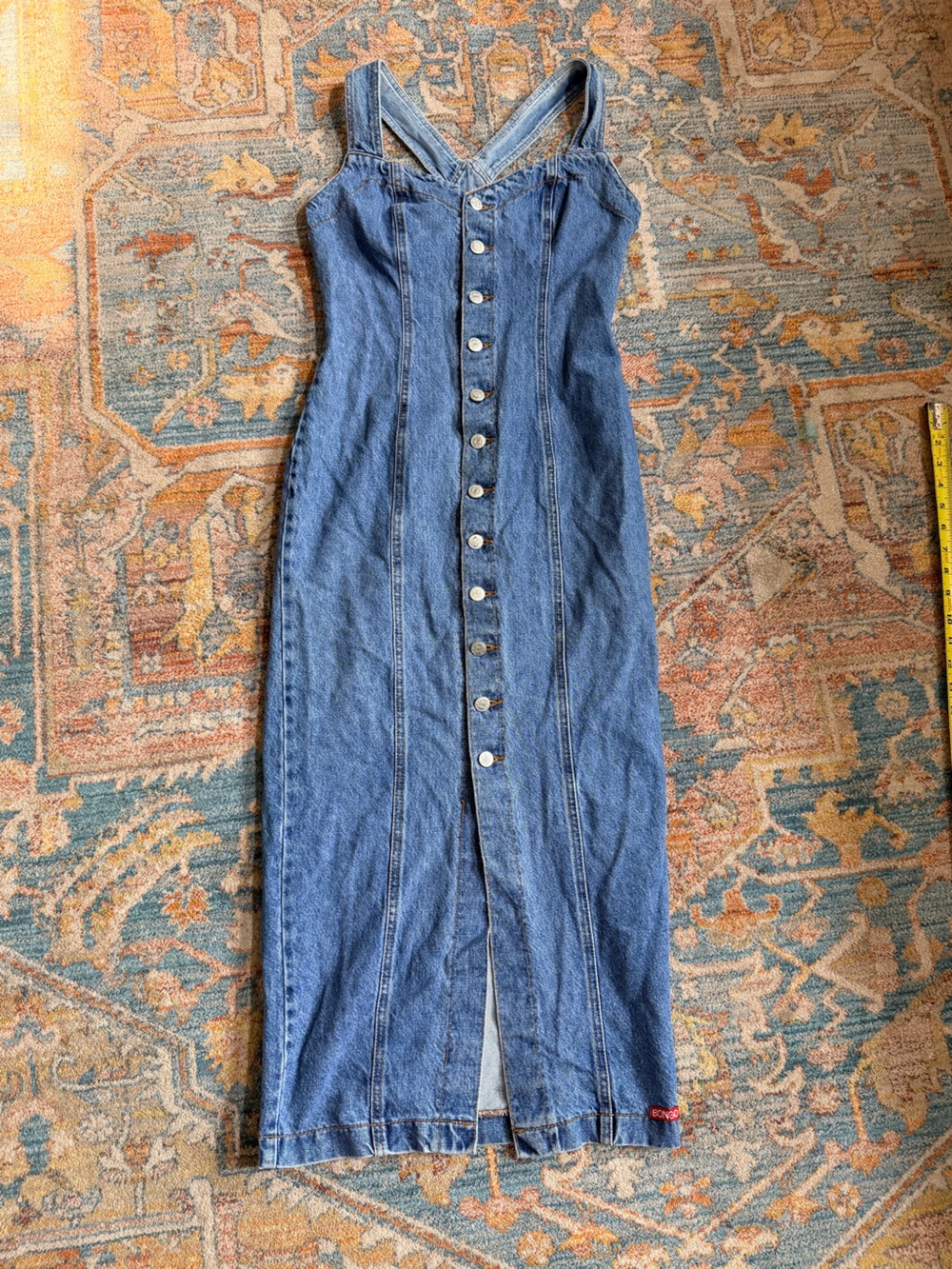 Vintage BONGO Gene Montesano Denim Maxi Dress Made in USA Button‎ Front Corset 5